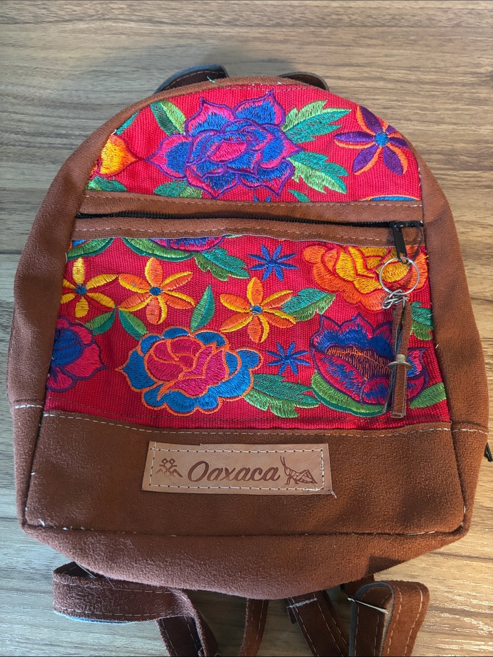 Mexican Embroidered Floral Red & Brown mini-Backpack